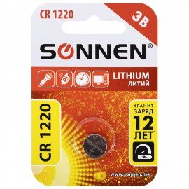 Батарейка литиевая SONNEN Lithium CR1220 "таблетка, дисковая, кнопочная" 1 шт., блистер, 455597