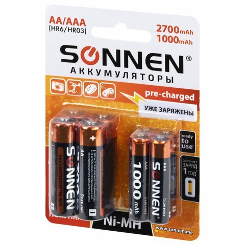Батарейки аккумуляторные Ni-Mh пальчиковые / мизинчиковые НАБОР 8 шт. (AA+ААА) 2700/1000 mAh, SONNEN, 455612