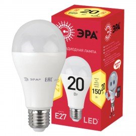 Лампа светодиодная ЭРА RED LINE, 20 (150) Вт, цоколь Е27, груша, теплый белый свет, 25000 ч., LED A65-20W-3000-E27, Б0050687