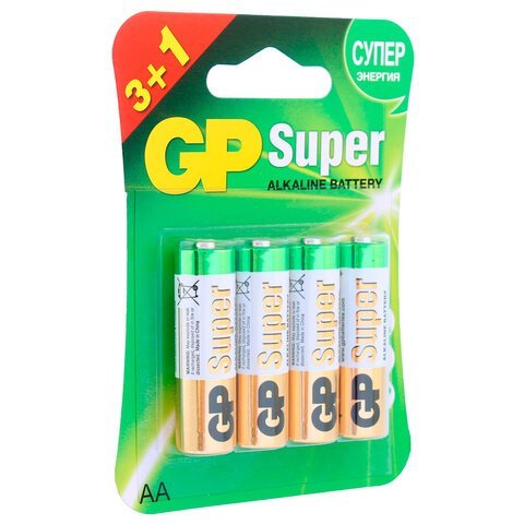Батарейки КОМПЛЕКТ 4 шт., GP Super, AA (LR6,15А), алкалиновые, пальчиковые, ПРОМО 3+1, 15A3/1-2CR4