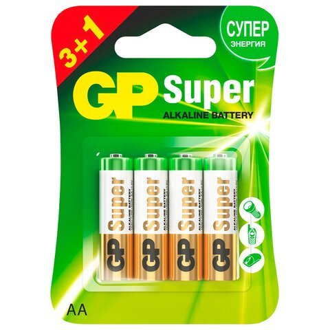 Батарейки КОМПЛЕКТ 4 шт., GP Super, AA (LR6,15А), алкалиновые, пальчиковые, ПРОМО 3+1, 15A3/1-2CR4