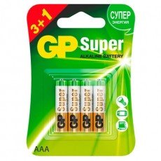 Батарейки КОМПЛЕКТ 4 шт., GP Super, AAA (LR03,24А), алкалиновые, мизинчиковые, ПРОМО 3+1, 24A3/1-2CR4