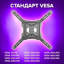 Кронштейн-крепление для ТВ настенный, до 35 кг. VESA 75х75-400х400, 32"-55", черный, SONNEN, 455946