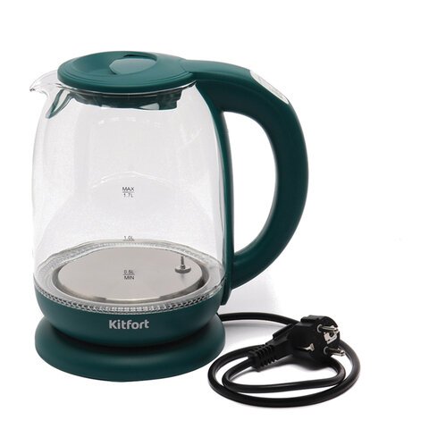 Чайник KITFORT КТ-640-4, 1,7 л, 2200 Вт, закрытый нагревательный элемент, ТЕРМОРЕГУЛЯТОР, стекло, изумрудный