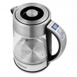 Чайник KITFORT КТ-690, 1,7 л, 2200 Вт, закрытый нагревательный элемент, LED дисплей, ТЕРМОРЕГУЛЯТОР, стекло, серебро