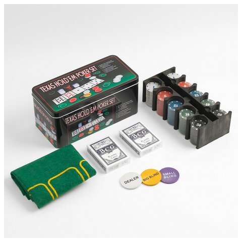 Набор для покера, карты 2 колоды, 200 фишек с номиналом, 60х90 см, 269185