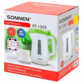Чайник электрический SONNEN KT-1303, 1,7 л, 2200 Вт, пластик, белый, 456374