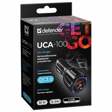 Зарядное устройство АВТОМОБИЛЬНОЕ DEFENDER UCA-100, 2 порта USB, выходной ток 3 А, 83833
