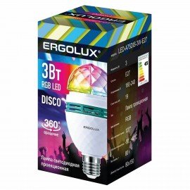 Светодиодная проекционная DISCO лампа ERGOLUX LED-A75DIS-3W-E27, вращение на 360 градусов, RGB, 14541