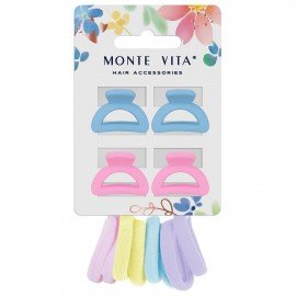 Набор для волос 12шт: 8 резинок + 4 краба, пастельные цвета, MONTE VITA 457034
