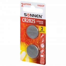 Батарейка литиевая CR2025 КОМПЛЕКТ 2 шт., "таблетка, дисковая, кнопочная" SONNEN Lithium, в блистере, 457139