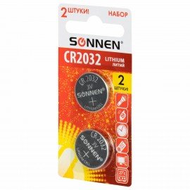 Батарейка литиевая CR2032 КОМПЛЕКТ 2 шт., "таблетка, дисковая, кнопочная" SONNEN Lithium, в блистере, 457141