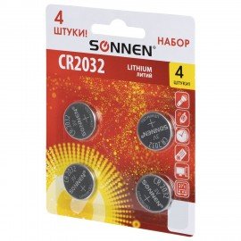 Батарейка литиевая CR2032 КОМПЛЕКТ 4 шт., "таблетка, дисковая, кнопочная" SONNEN Lithium, в блистере, 457142