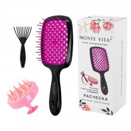 Расческа для волос массажная 20х8,5 см, массажер и щетка для чистки В ПОДАРОК черн MONTE VITA, 457430