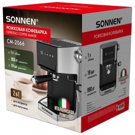 Кофеварка рожковая с сенсорной панелью SONNEN CM-2066, ручной капучинатор, дисплей, 1 л, 950 Вт, 19 бар, 457882