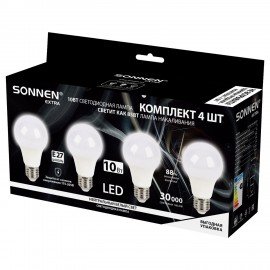 Лампа светодиодная SONNEN EXTRA, 10 (85) Вт, КОМПЛЕКТ 4 шт., Е27, нейтральный белый, 30000 ч, LED A60-10W-4000-Е27, 457893
