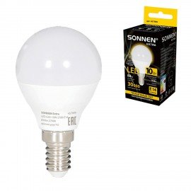 Лампа светодиодная SONNEN EXTRA, 10 (85) Вт, E14, шар, теплый белый, 30000 ч, LED G45-10W-2700-Е14, 457909