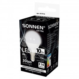 Лампа светодиодная SONNEN EXTRA,10 (85) Вт, E14, шар, нейтральный белый, 30000 ч, LED G45-10W-4000-Е14, 457910