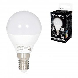 Лампа светодиодная SONNEN EXTRA,10 (85) Вт, E14, шар, нейтральный белый, 30000 ч, LED G45-10W-4000-Е14, 457910