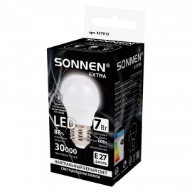 Лампа светодиодная SONNEN EXTRA, 7 (60) Вт, E27, шар, нейтральный белый, 30000 ч, LED G45-7W-4000-Е27, 457912