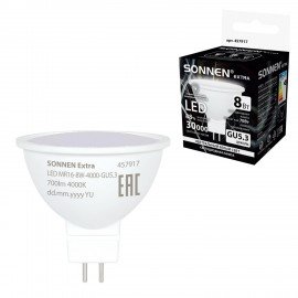 Лампа светодиодная SONNEN EXTRA, 8 (70) Вт, GU5.3, нейтральный белый, 30000 ч, LED MR16-8W-4000-GU5.3, 457917
