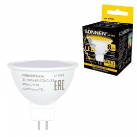 Лампа светодиодная SONNEN EXTRA, 8 (70) Вт, GU5.3, теплый белый, 30000 ч, LED MR16-GU5.3-8W-2700, 457918