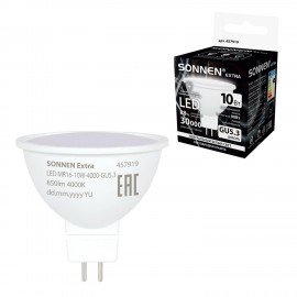 Лампа светодиодная SONNEN EXTRA, 10 (90) Вт, GU5.3, нейтральный белый, 30000 ч, LED MR16-GU5.3-10W-4000, 457919