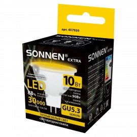 Лампа светодиодная SONNEN EXTRA, 10 (90) Вт, GU5.3, теплый белый, 30000 ч, LED MR16-GU5.3-10W-2700, 457920