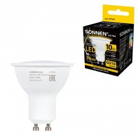Лампа светодиодная SONNEN EXTRA, 10 (90) Вт, GU10, теплый белый, 30000 ч, LED MR16-GU10-10W-2700, 457926