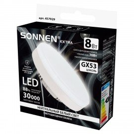Лампа светодиодная SONNEN EXTRA, 8 (70) Вт, GX53, таблетка, нейтральный белый, 30000 ч, LED 8W-4000-GX53, 457929