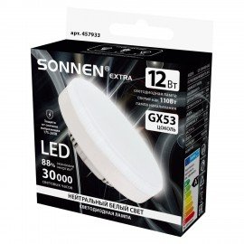 Лампа светодиодная SONNEN EXTRA, 12 (110) Вт, GX53, таблетка, нейтральный белый, 30000 ч, LED 12W-4000-GX53, 457933