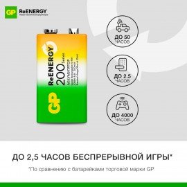 Батарейка аккумуляторная GP ReEnergy Ni-Mh 1 шт Крона (20R8H 9V) 200 mAh, 20R8HRGY-2C, 20R8HRGY-2CRCB1