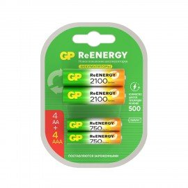 Батарейки аккумуляторные GP ReEnergy Ni-Mh НАБОР 8 шт (ПРОМО 4+4) AA+ААА (HR6+HR03) 2000mAh+750mAh, 210AAHC/75AAAHC