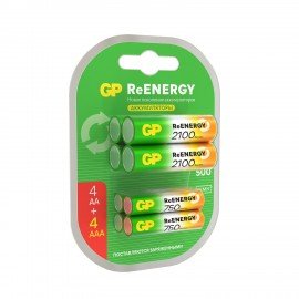 Батарейки аккумуляторные GP ReEnergy Ni-Mh НАБОР 8 шт (ПРОМО 4+4) AA+ААА (HR6+HR03) 2000mAh+750mAh, 210AAHC/75AAAHC