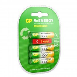 Батарейки аккумуляторные GP ReEnergy Ni-Mh КОМПЛЕКТ 4шт (ПРОМО 3+1) ААА(HR03) 950 mAh, 100AAAHC3/1RGY