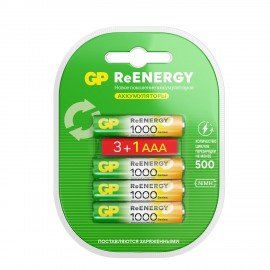 Батарейки аккумуляторные GP ReEnergy Ni-Mh КОМПЛЕКТ 4шт (ПРОМО 3+1) ААА(HR03) 950 mAh, 100AAAHC3/1RGY
