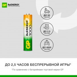 Батарейки аккумуляторные GP ReEnergy Ni-Mh КОМПЛЕКТ 4шт (ПРОМО 3+1) ААА(HR03) 950 mAh, 100AAAHC3/1RGY