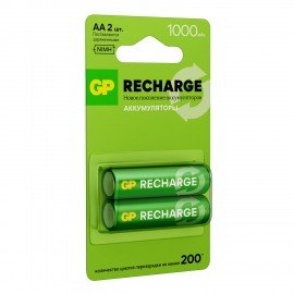 Батарейки аккумуляторные GP ReCharge Ni-Mh пальчиковые КОМПЛЕКТ 2 шт АА (HR6) 1000 mA, 100AAHCV-2CRSB