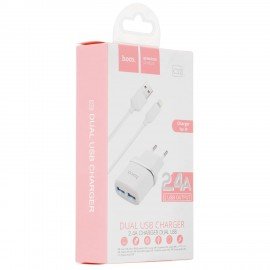 Зарядное устройство сетевое HOCO 12 Вт, 2.4 А, 2 х USB, кабель Type-C, 1 м, белый, УТ000023100