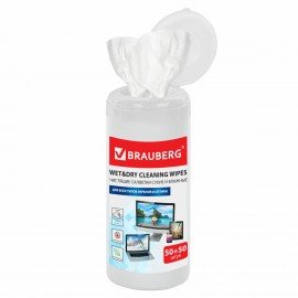 Салфетки для оптических поверхностей и мониторов BRAUBERG, в тубе, сухие 50 шт. и влажные 50 шт., 510121