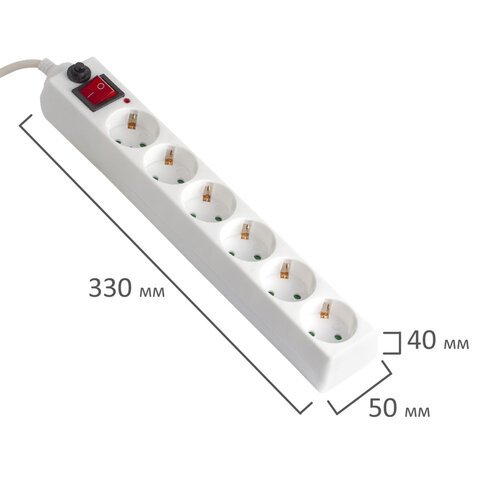 Сетевой фильтр SONNEN U-365, 6 розеток, с заземлением, выключатель, 10 А, 5 м, белый, 511427