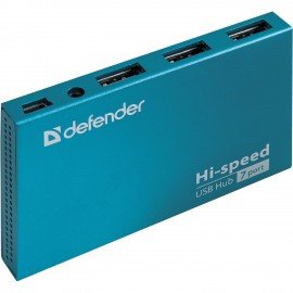 Хаб USB 2.0, 7 портов, порт для питания, синий, DEFENDER SEPTIMA SLIM, 83505