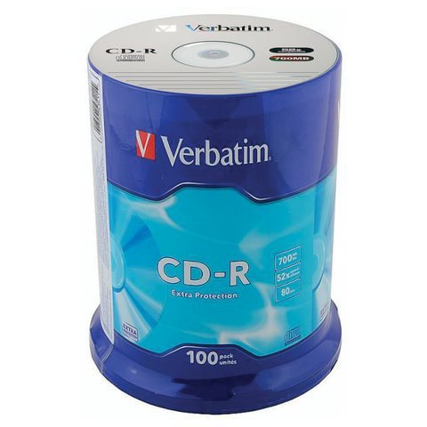 Диски CD-R VERBATIM 700 Mb 52х Cake Box (упаковка на шпиле), КОМПЛЕКТ 100 шт., 43411