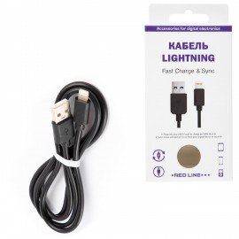 Кабель USB 2.0 - Lightning, 1 м, RED LINE, для подключения портативных устройств, черный, УТ000008646