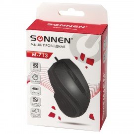 Мышь проводная SONNEN М-713, USB, 1000 dpi, 2 кнопки + колесо-кнопка, оптическая, черная, 512637