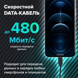 Кабель USB2.0-Lightning, 1 м, SONNEN, медь, для передачи данных и зарядки, черный, 513116