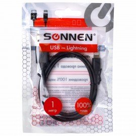 Кабель USB2.0-Lightning, 1 м, SONNEN, медь, для передачи данных и зарядки, черный, 513116