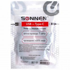 Кабель USB 2.0-Type-C, 1 м, SONNEN, медь, для передачи данных и зарядки, черный, 513117