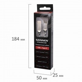 Кабель USB 2.0-Type-C, 1 м, SONNEN Premium, медь, передача данных и быстрая зарядка, 513127