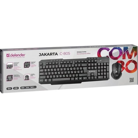 Набор беспроводной DEFENDER Jakarta C-805,клавиатура, мышь 3 кнопки+1 колесо-кнопка, черный, 45805
